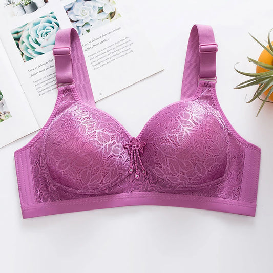 Women Comfortable Plus Size Large Bust Wire Free Embroidery Bra Side Gather and Breathable Perfect Fit and Support Bras