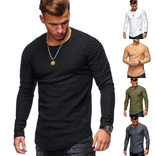 Spring And Autumn New Men's Solid Color Slim Round Neck Long Sleeve T-Shirt Fashion Fold With Shoulder Sleeve  Sports T-Shirt