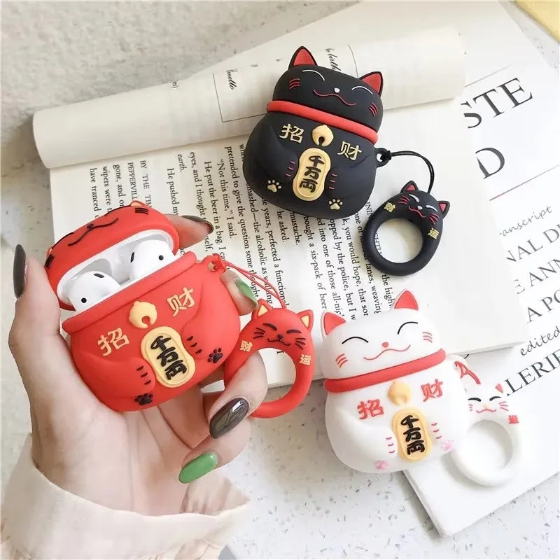 For AirPods 4 3 2 1 Pro Pro2 Earphone Case 3D Maneki Neko Lucky Cat Cartoon Silicone Protective Headphone Box With Pendant Cover