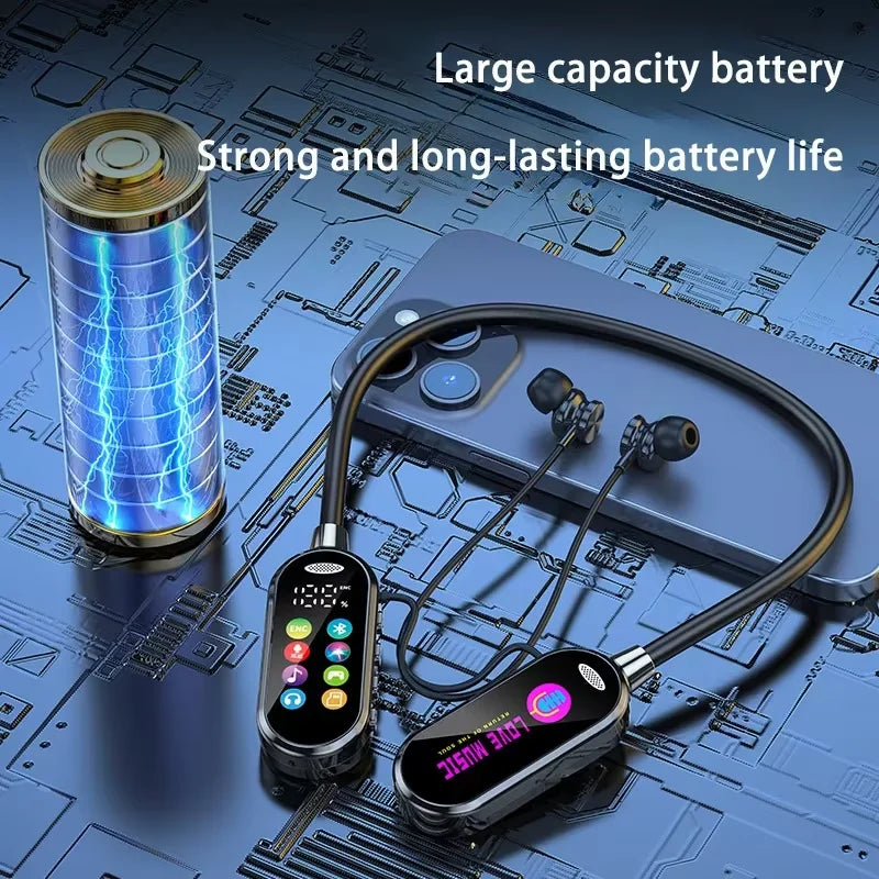 Bluetooth 5.4 Neck-Hanging Earphone LED Display HiFi Sound Earbuds Wireless Headphones Sports Gamer Neckband Headsets
