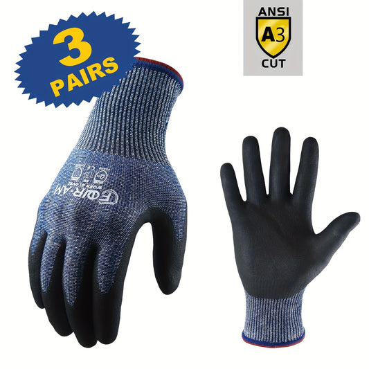 3 Pairs of Level 3 Cut-Resistant Work Gloves with Firm Non-Slip Grip