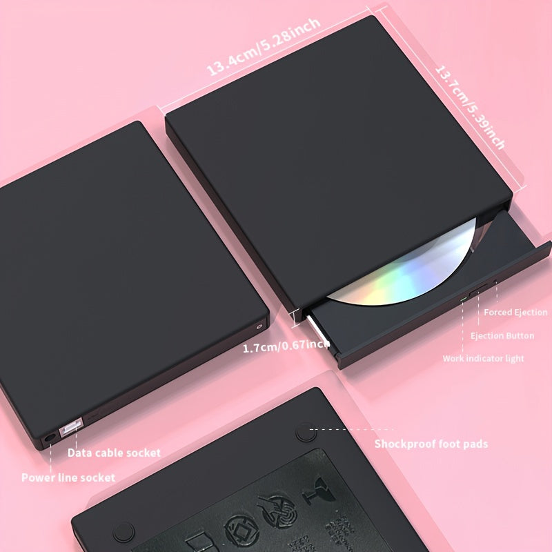 Compact USB 2.0 External CD/DVD Drive - Portable CD-RW & DVD-RW Burner for Laptops and Desktops, for Return School