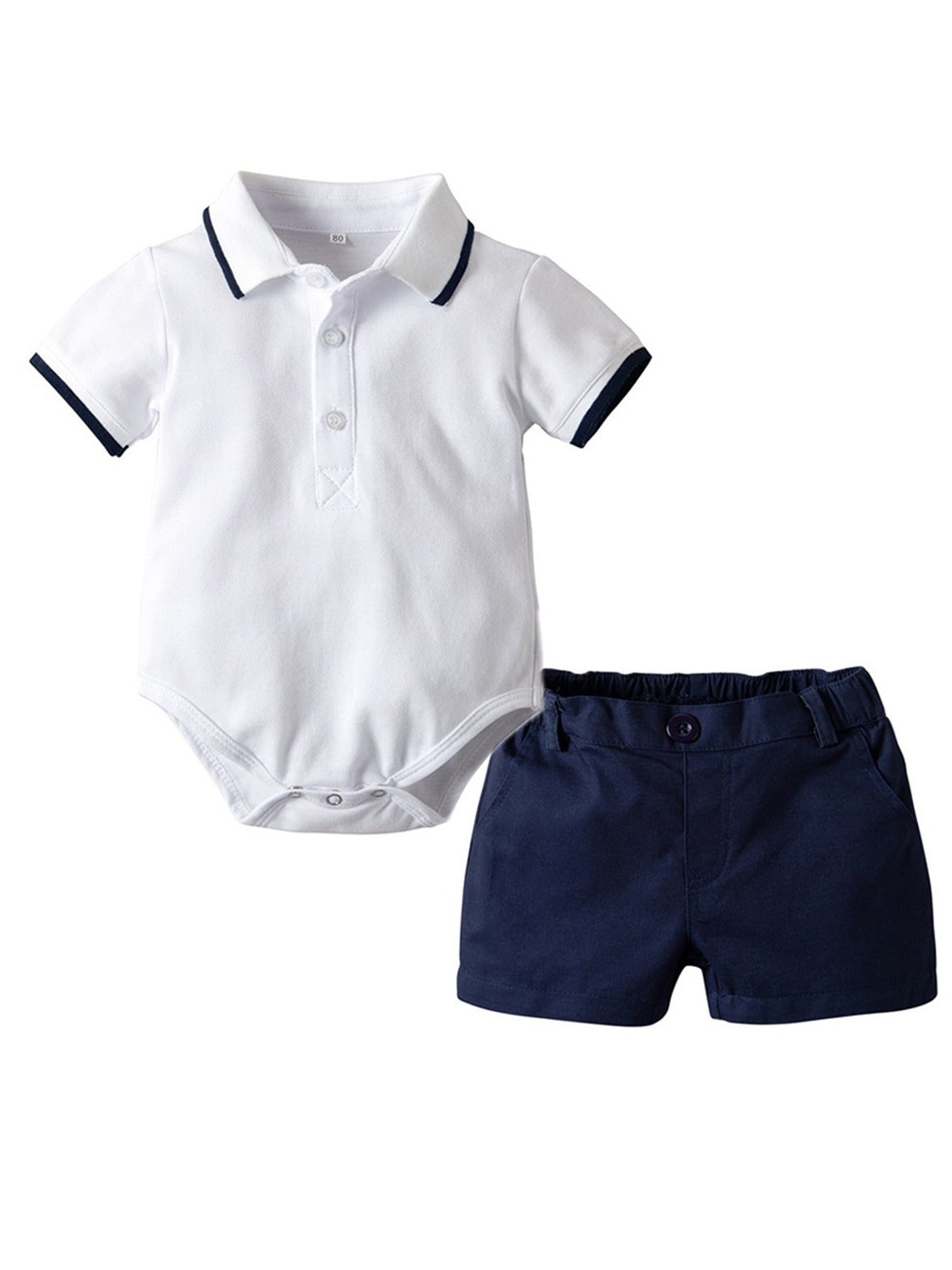 Boys' Summer Set - Casual White Short Sleeve Romper with Navy Blue Collar & Matching Shorts, Easy-Care Polyester, Perfect for Spring/Autumn, Spring Youngsters Outfit|Classic Style|Polyester Blend Outfit, Perfect for Outdoor
