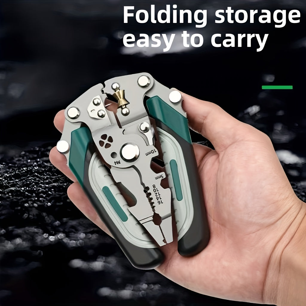 Stainless Steel Multi-Functional Wire Stripping Pliers, Foldable Design for Electrical, Plumbing, Crimping, Cutting & Twisting, Durable Metal Tool for Multiple Purposes