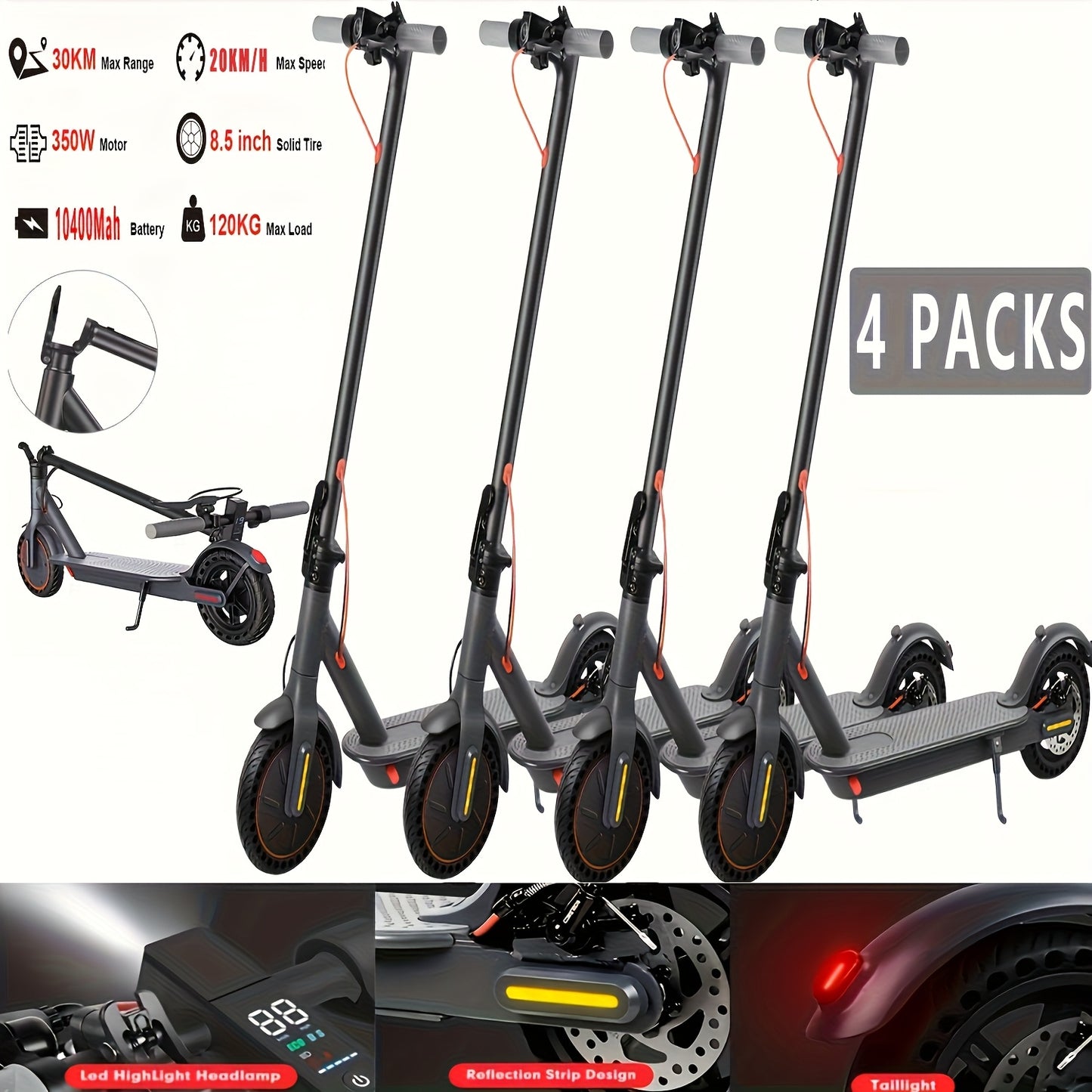 1/2/4PACKS 21.59 cm Foldable Electric Scooter for Adults with LED Display Motor Power Ranges for 350W, Class A 10.4Ah Lithium Battery, 3 Speed Modes, 15 - 30 Mile Range And Maximum Load Capacity Of 120 Kilograms, Surprise Bir