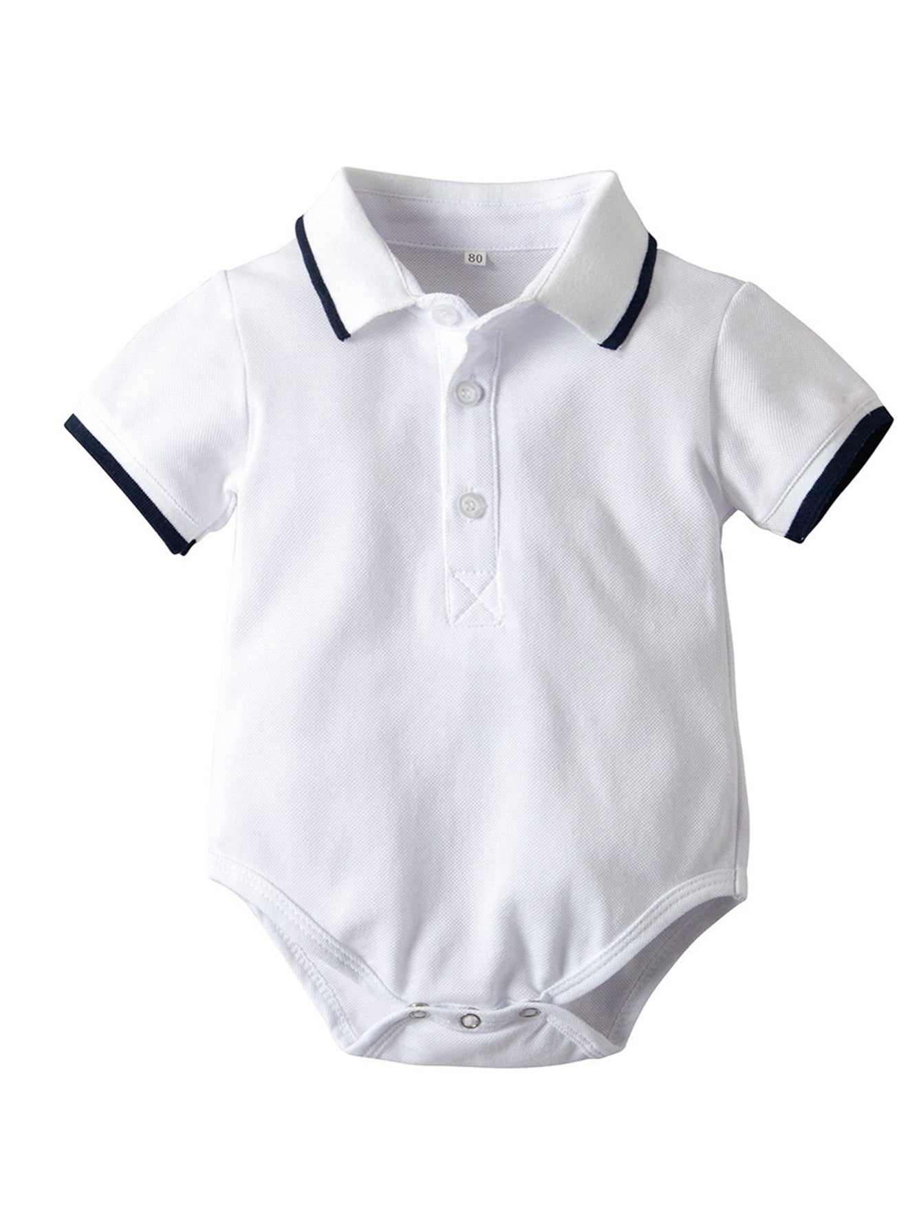 Boys' Summer Set - Casual White Short Sleeve Romper with Navy Blue Collar & Matching Shorts, Easy-Care Polyester, Perfect for Spring/Autumn, Spring Youngsters Outfit|Classic Style|Polyester Blend Outfit, Perfect for Outdoor