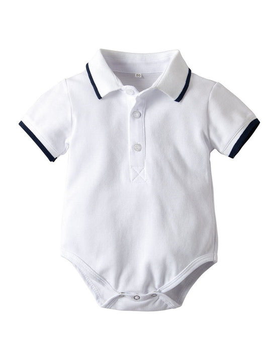 Boys' Summer Set - Casual White Short Sleeve Romper with Navy Blue Collar & Matching Shorts, Easy-Care Polyester, Perfect for Spring/Autumn, Spring Youngsters Outfit|Classic Style|Polyester Blend Outfit, Perfect for Outdoor