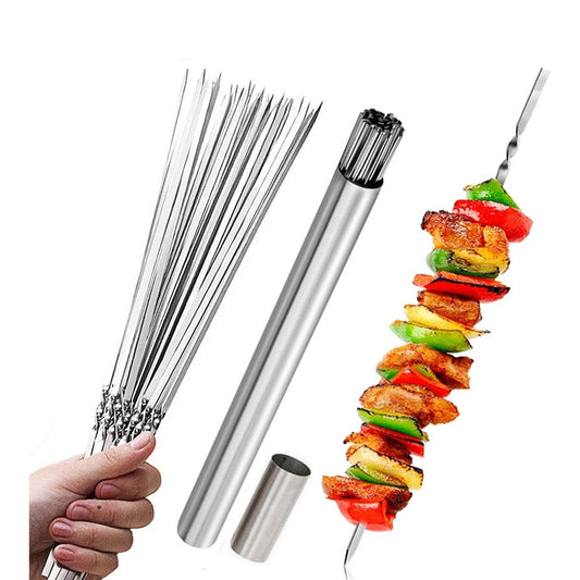 15pcs Stainless Steel Skewers & 1 Tube Storage For Barbecue, Reusable Grill Skewers, Shish Kebab BBQ Camping Flat Forks Gadgets, Outdoor Camping Picnic, Cookware Barbecue Tool Accessories