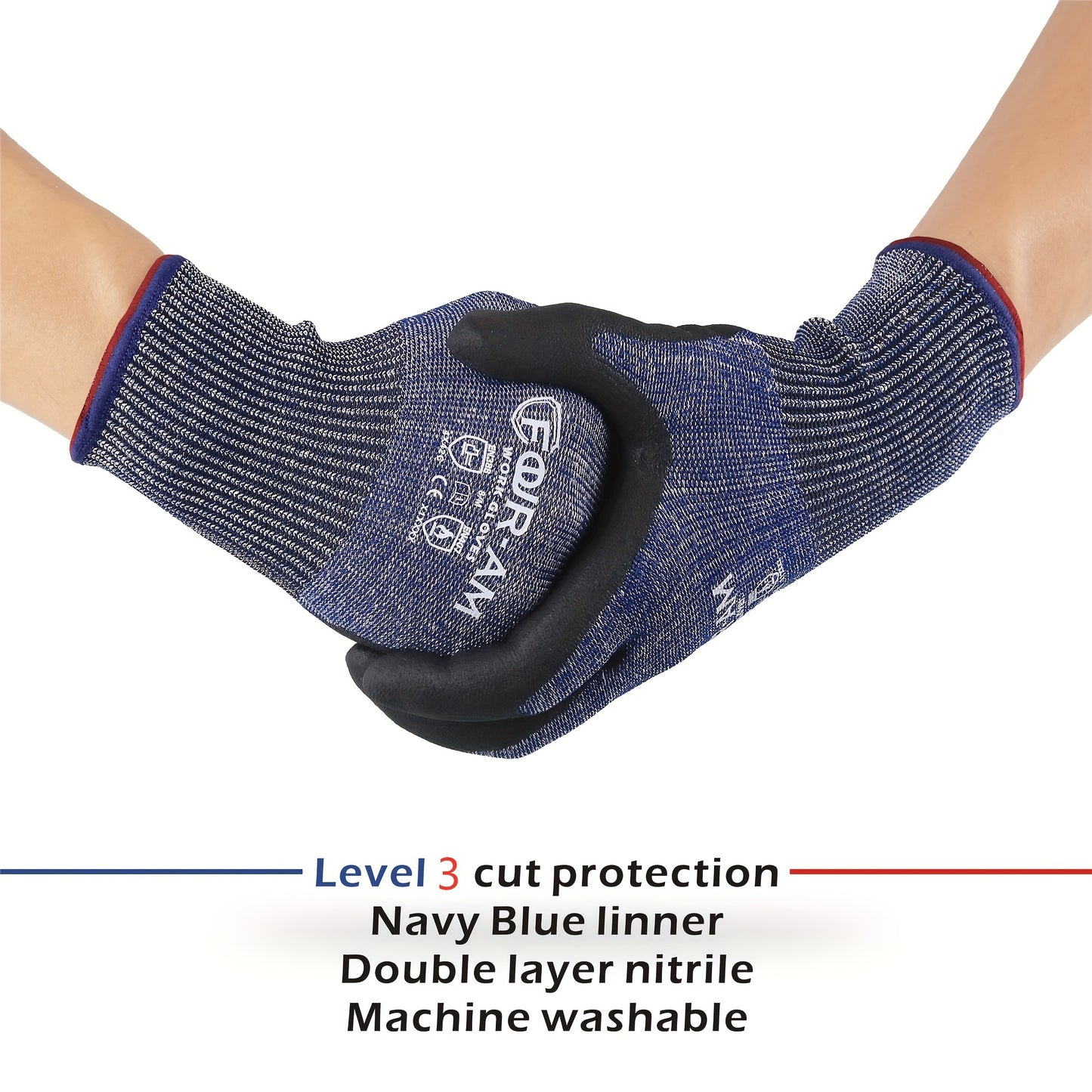 3 Pairs of Level 3 Cut-Resistant Work Gloves with Firm Non-Slip Grip