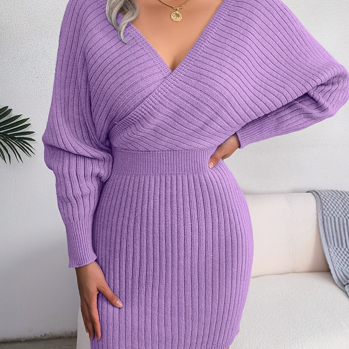 Sexy Cross V Neck Bodycon Sweater Dress, Batwing Sleeve Solid Criss Cross Neck Cross Sexy Dresses, Women's Clothing